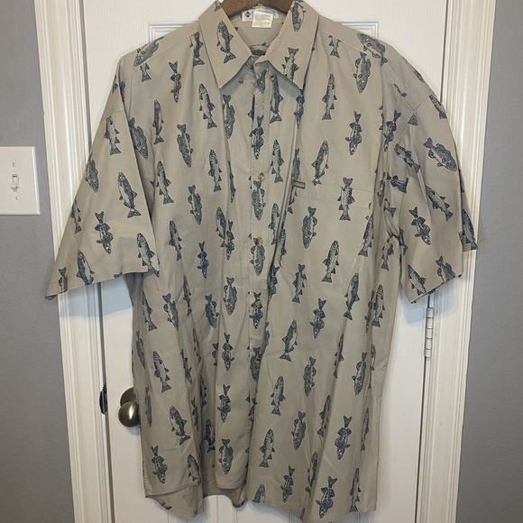 Columbia Button Down Shirt Short Sleeve Outdoors Tan Fish Reel Fishing Men's XXL - Picture 1 of 2